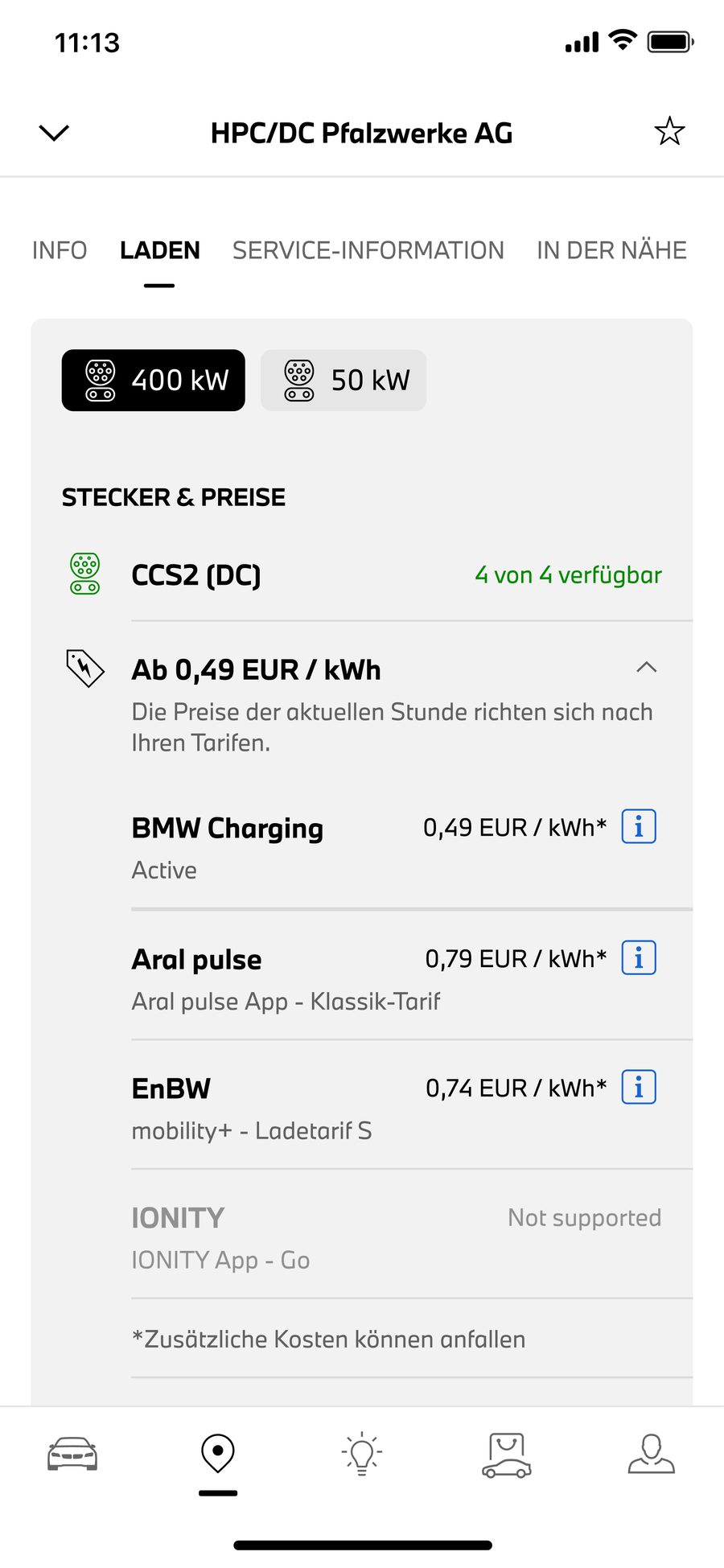 Écran de l'application My BMW affichant les tarifs de recharge par kWh pour plusieurs opérateurs