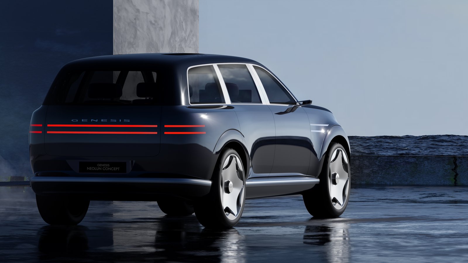 Concept Genesis Neolun vu de trois quarts arrière, bandeau lumineux horizontal et hayon vertical