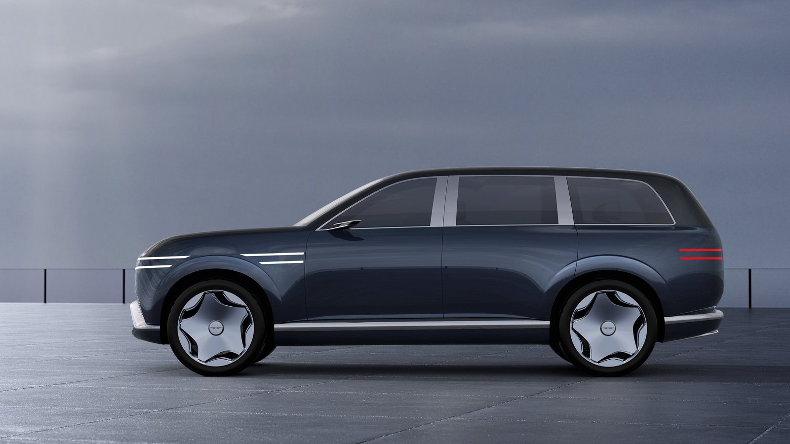 Concept Genesis Neolun vu de profil, silhouette de grand SUV électrique aux montants clairs
