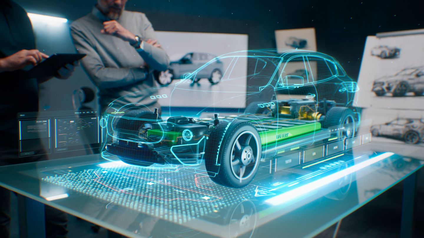 Représentation numérique d'une voiture électrique en transparence montrant la batterie et la chaîne de traction, sur un écran de conception Schaeffler