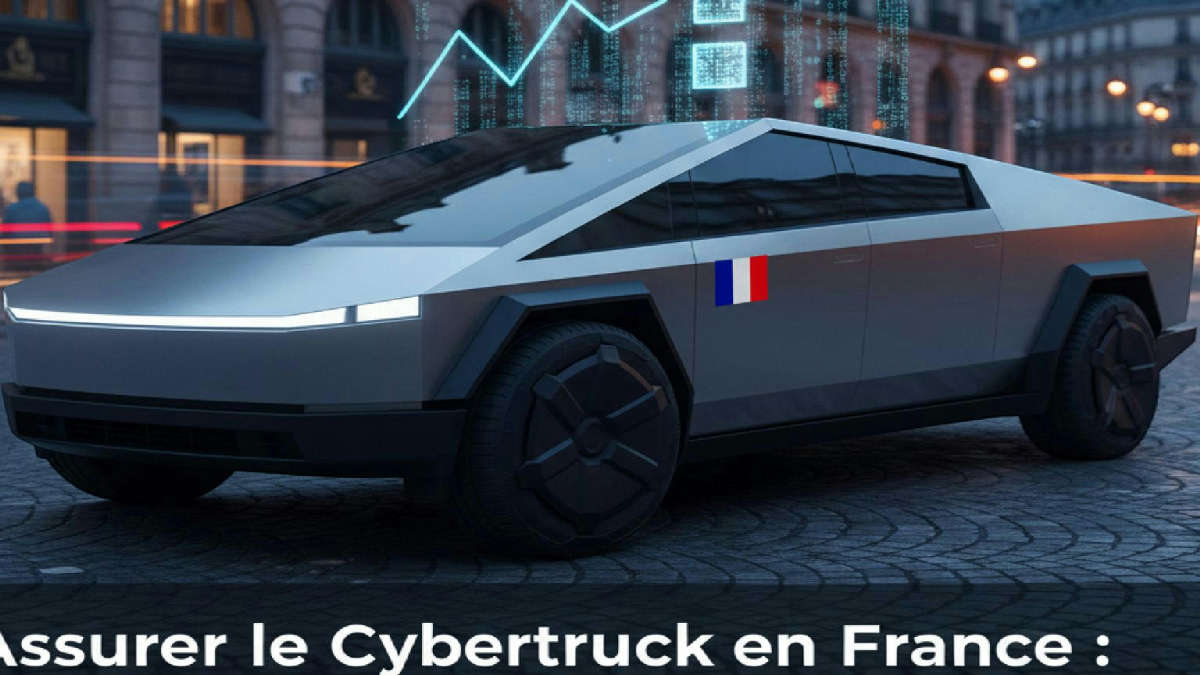Cybertruck Tesla futuriste garé devant un monument parisien, coût assurance élevé.