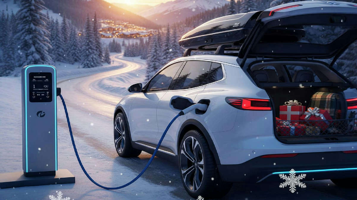 Véhicule électrique moderne blanc, décoré pour Noël, sur une route hivernale enneigée, prêt pour un road trip.
