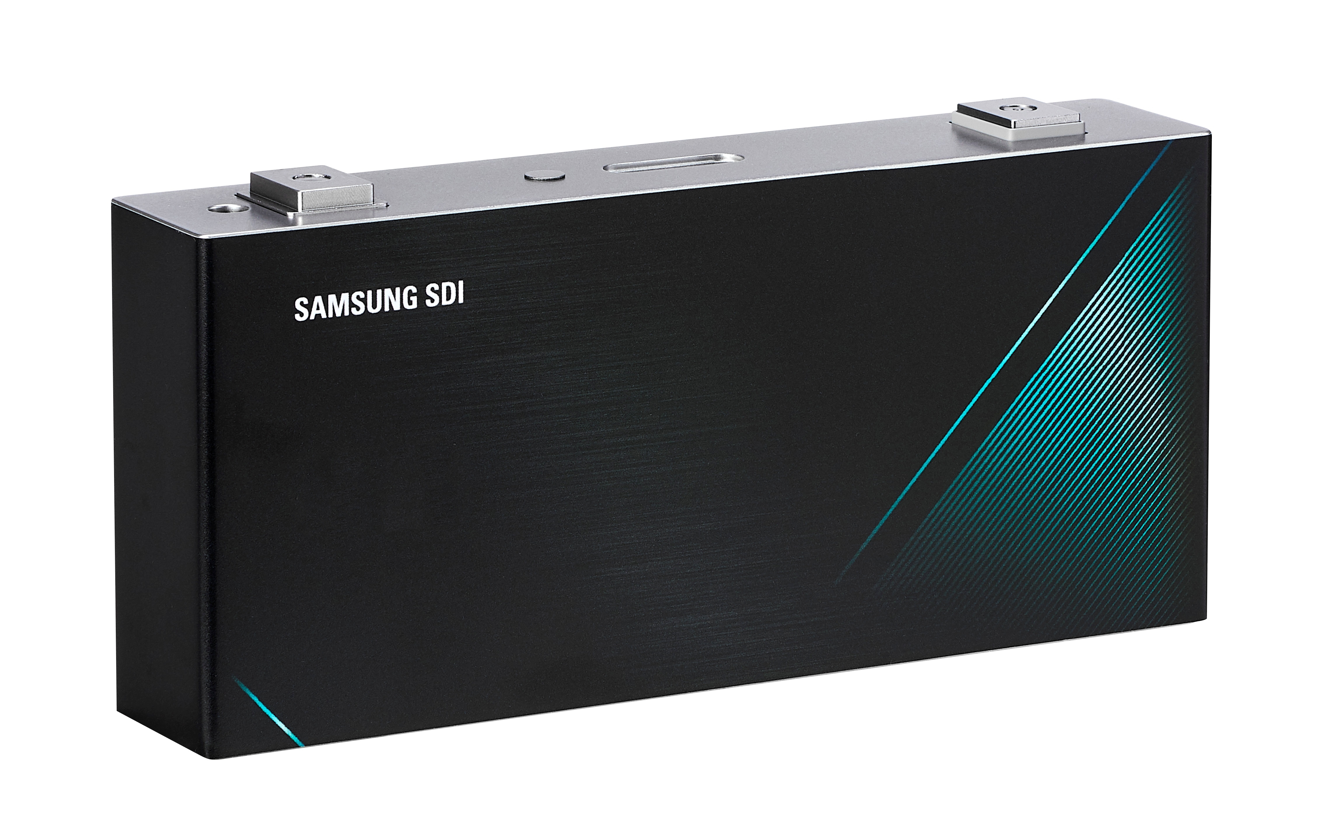 Cellule de batterie prismatique Samsung SDI photographiée sur fond clair