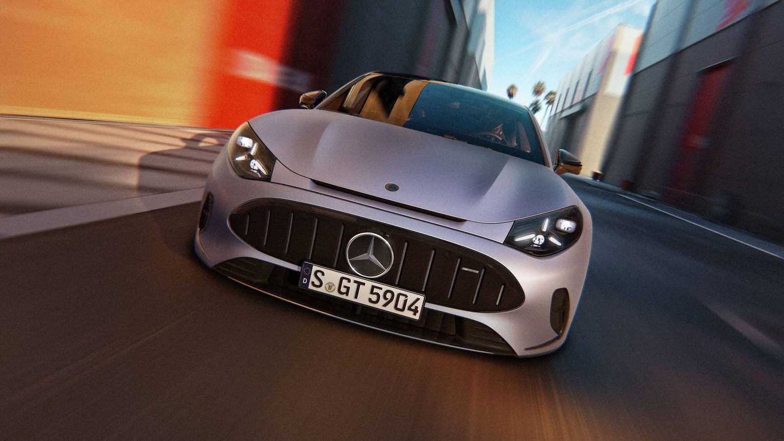 Mercedes-AMG GT 53 4 portes Coupé électrique gris mat vue de face en roulage dynamique dans une rue californienne