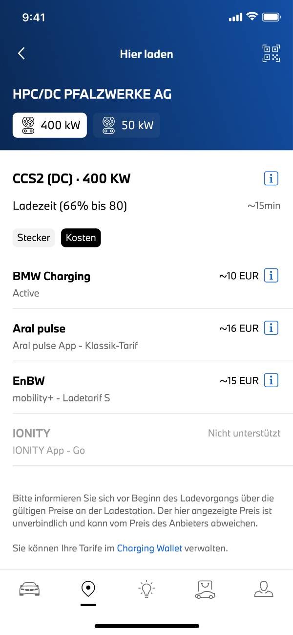 Écran de l'application My BMW affichant les tarifs de recharge disponibles sur une borne 400 kW